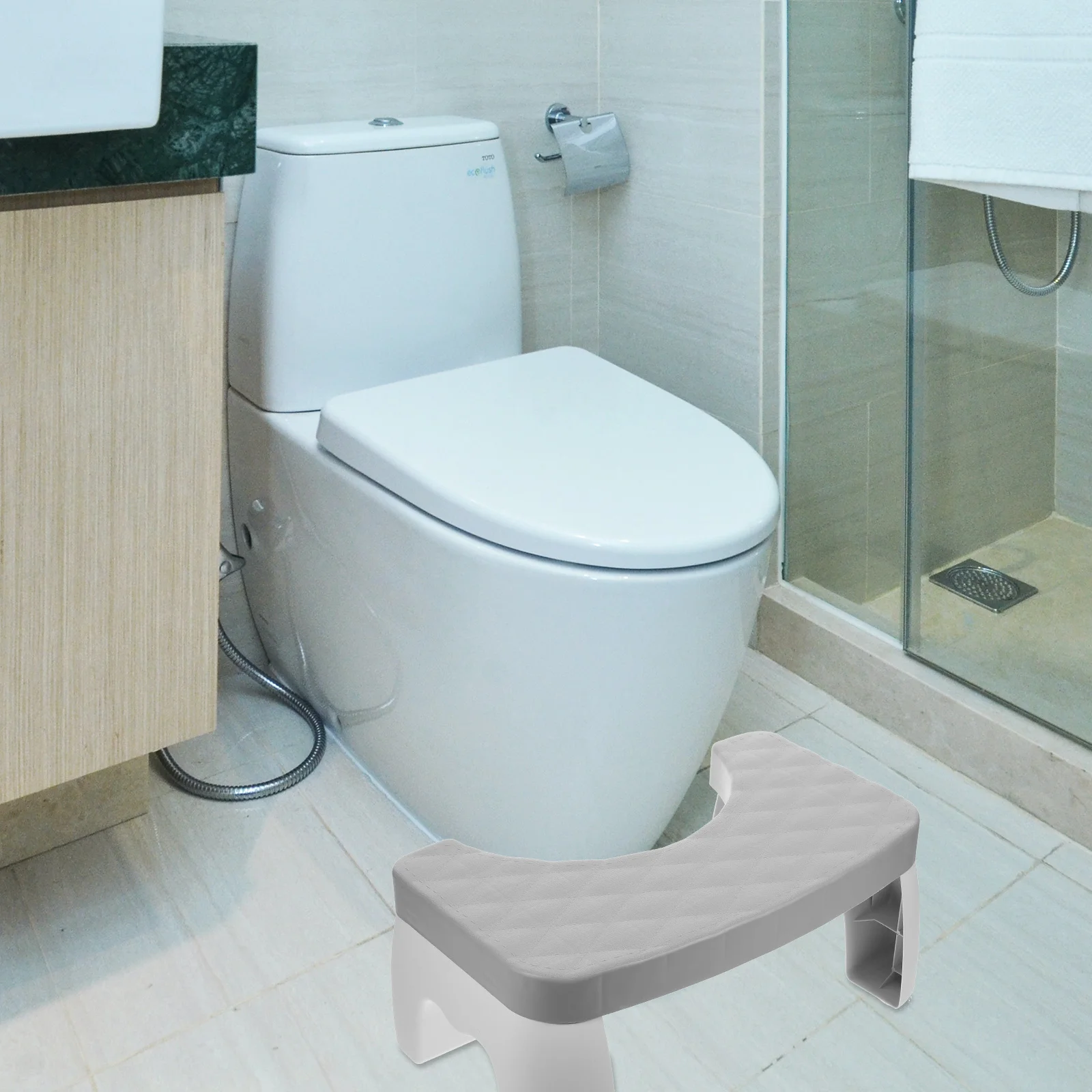 Taburete de plástico con reposapiés para adultos, silla de ducha en cuclillas para postura de baño
