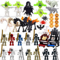 MOC Halloween Building Blocks Green Evil Spirit Pumpkin Head Cover Skeleton Horse Bone Man Legion Knight Weapon Accessories Toys