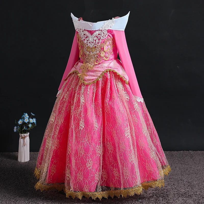 Luxury Girls Princess Costume Ball Gown Dress Fancy Birthday Carnival Party Off Shoulder Golden Applique Children Outfits Dress