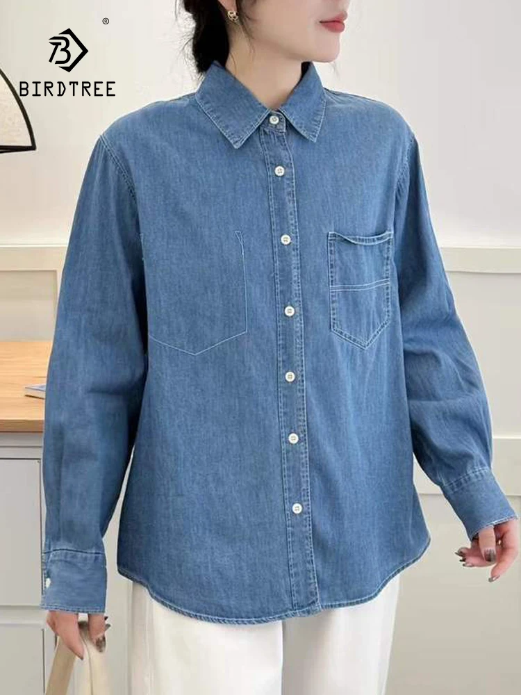 

Новая джинсовая рубашка с длинным рукавом на весну 2026 года, женская, с отложным воротником и карманами, в стиле Mori Girl Preppy, свободная блузка для повседневной носки T61550CC