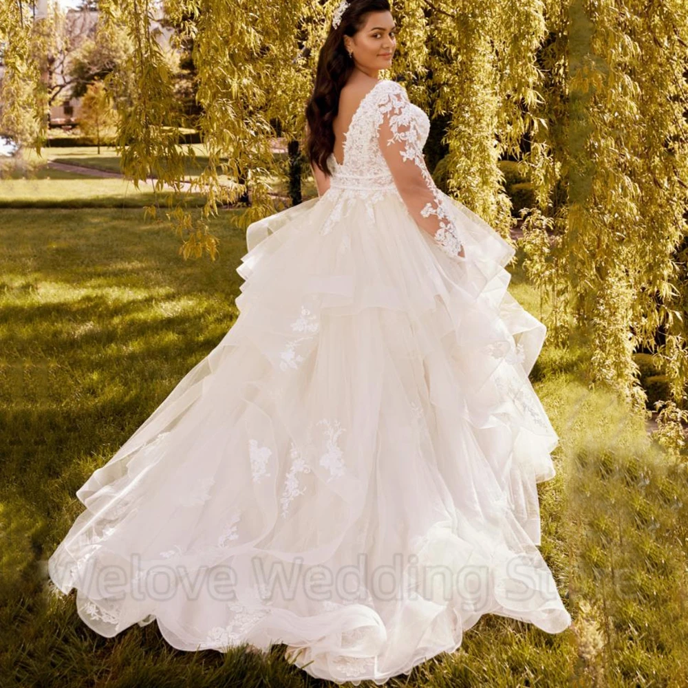 Classic Irregular Ruffles Wedding Dress V-Neck Long Sleeves Illusion Tulle Applique Bridal A-Line Floor Length Backless Gowns