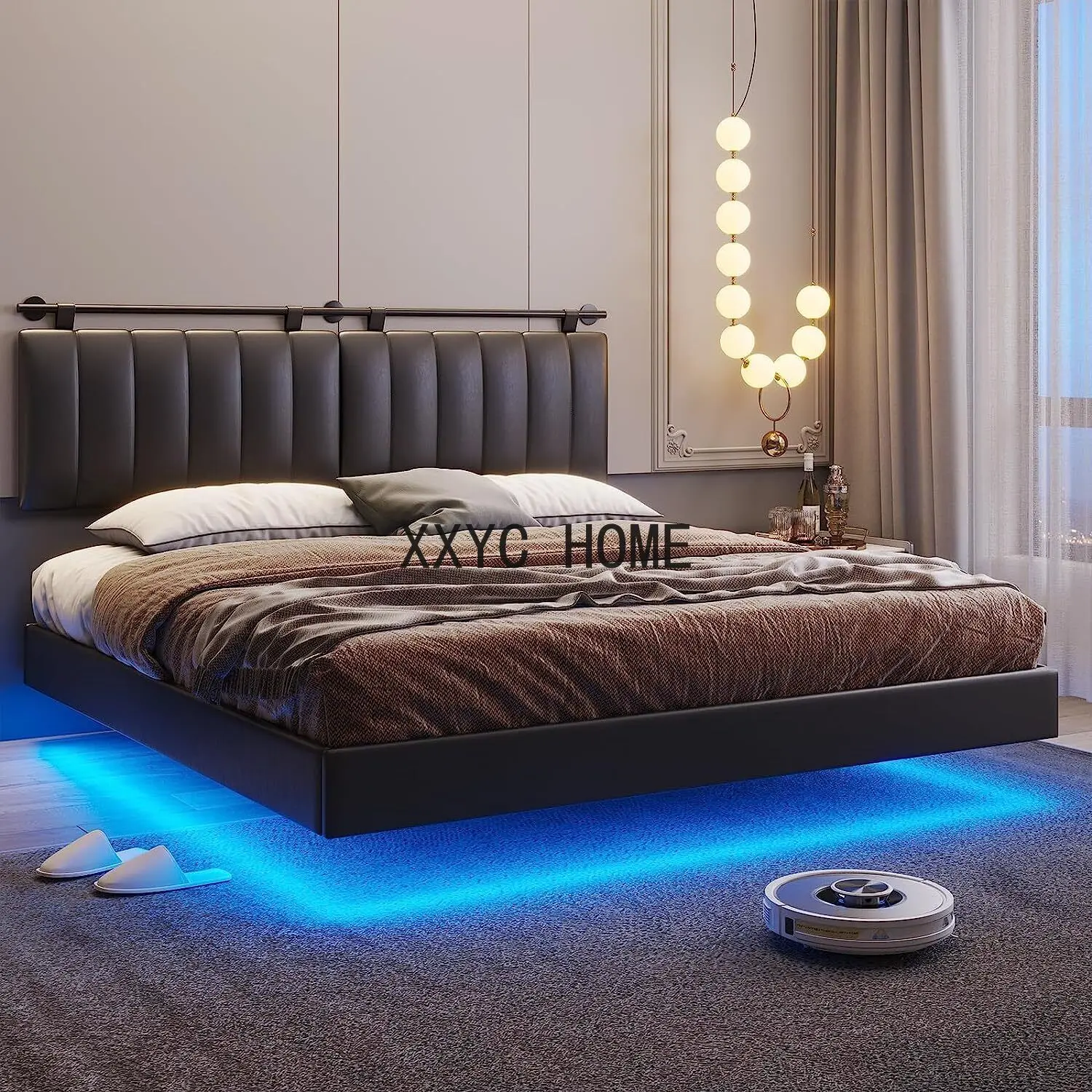 Marco de cama King negro con luces LED y cabecero montado en la pared, plataforma tapizada para muebles de dormitorio interior