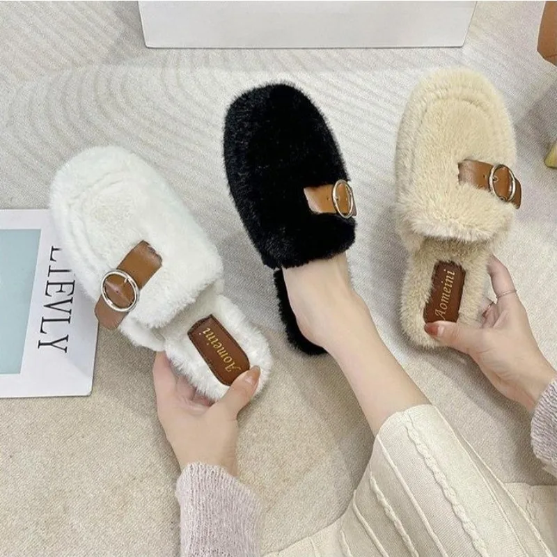 Chanclas de piel con plataforma para mujer, calzado aterciopelado con punta Baja de goma y felpa, nuevo estilo a la moda, para invierno