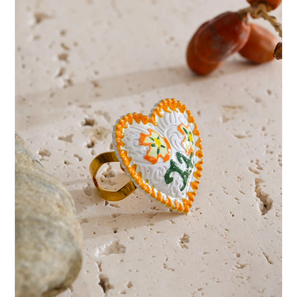 Yhpup Stainless Steel Paint Heart Flower Adjustable Ring for Women New Arrivals Popular Gold Color Charm Summer Jewelry