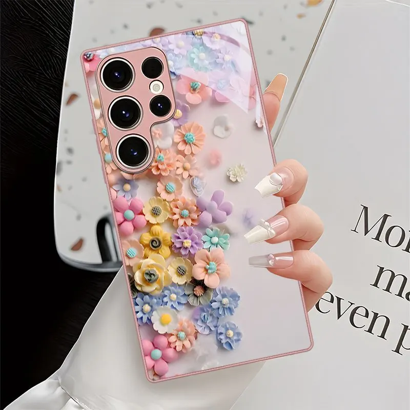 Colorful floral pattern metal paint glass phone case suitable for Samsung Galaxy S26 S25 S24 S22 S21 S20 FE/Ultra/Plus anti drop