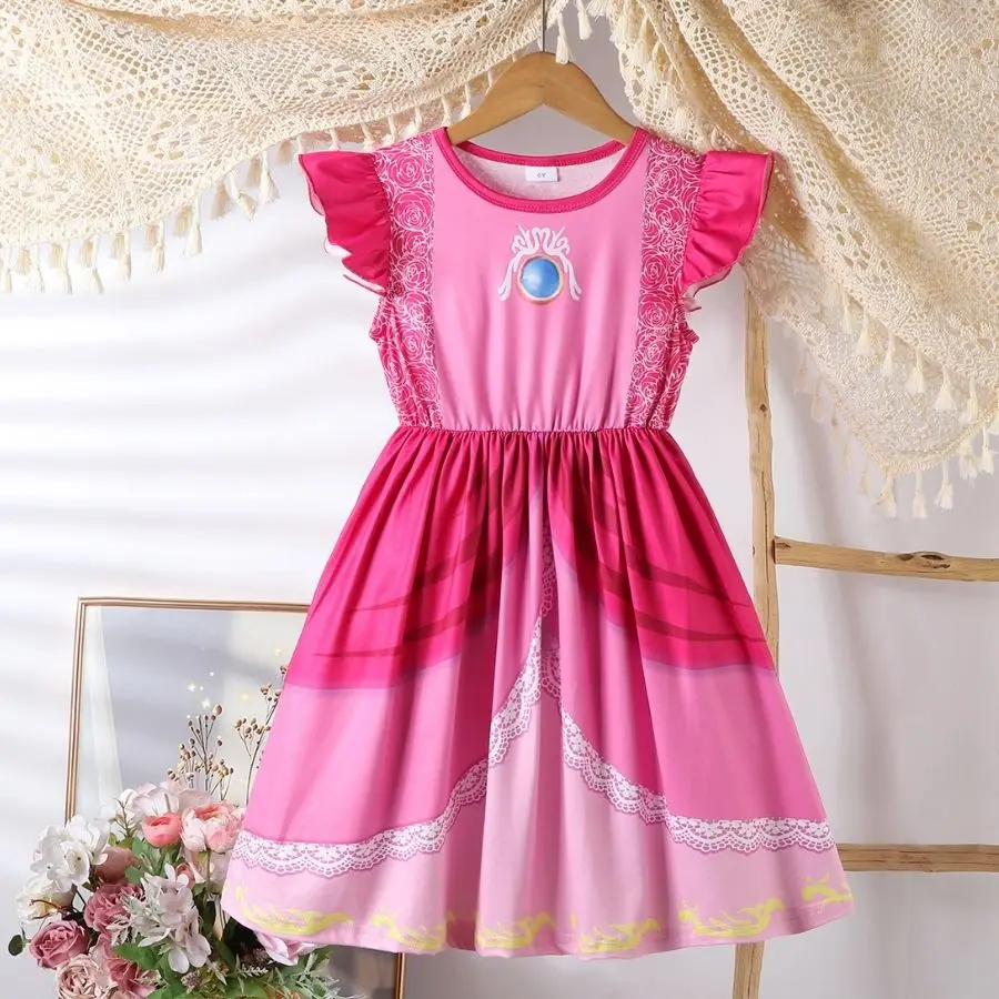Mädchen Prinzessinnenkleid in Rosa-Pfirsich mit Rüschenärmeln für Kindergeburtstage und coole Feiertage – Detail 2