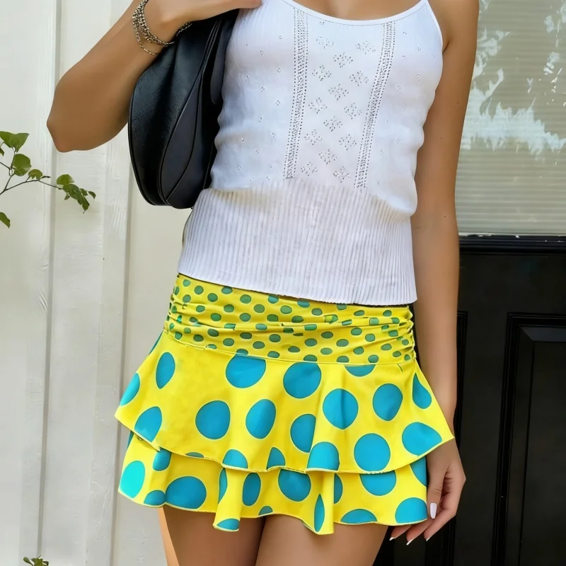 Y2K Niedlicher Polka Dot Print Faltenröcke Damen Chic Layered Rüschen Niedrige Taille A-Linienrock für Partys Party Clubwear