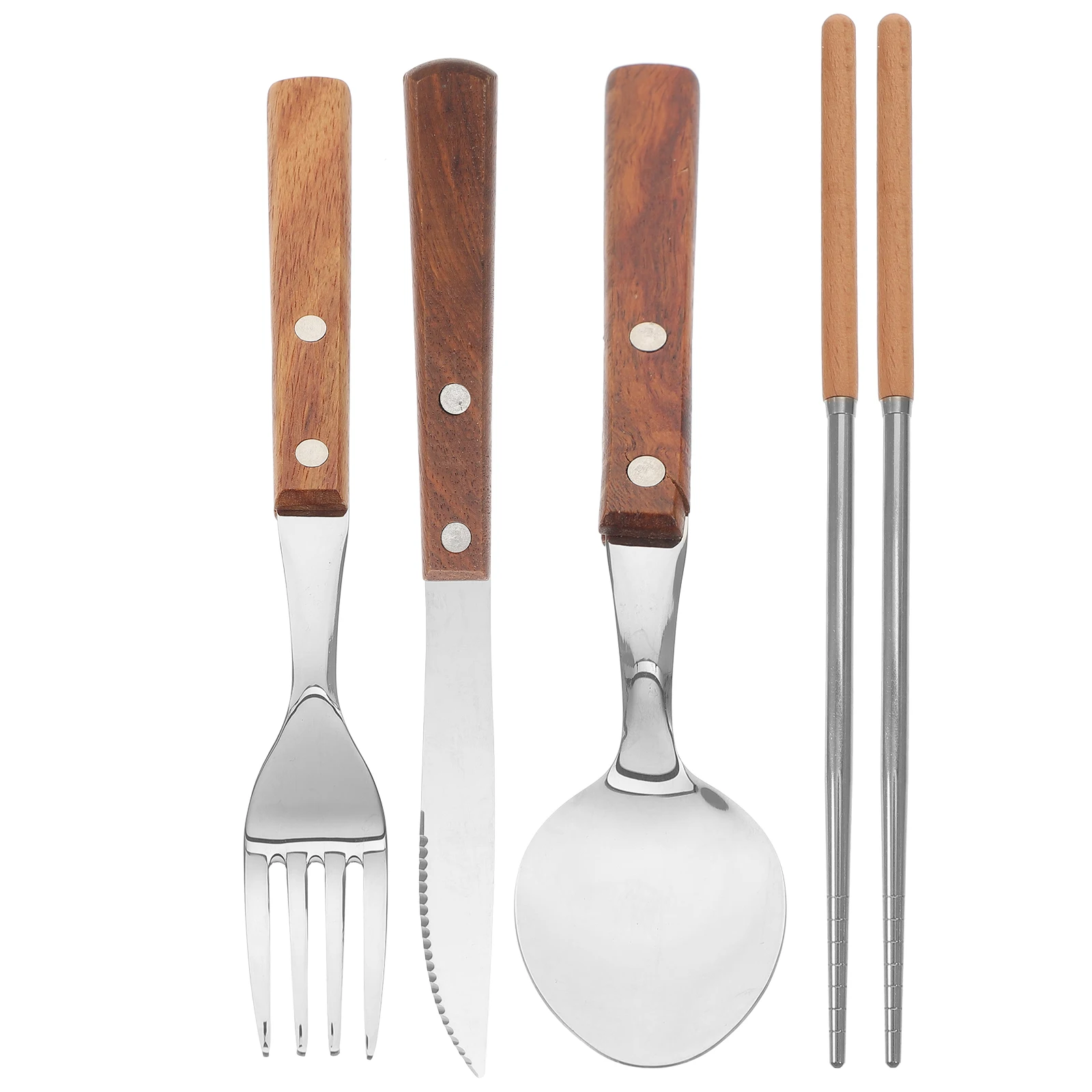 

Fork Spoon Knife Chopsticks Set Stainless Steel Solid Wood Dinnerware Kit Premium Quality Smooth Surface Easy to Clean Portable