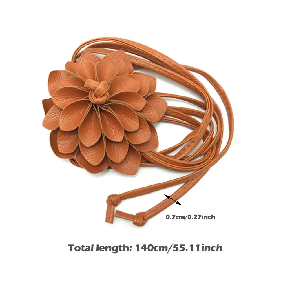 Floral Waist Chain Women\'s Skinny Braided Free Knot Faux Leather Dress Waist Belt With Flowers Narrow Thin Waistband