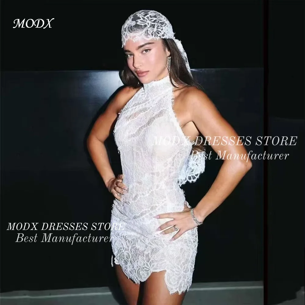 ชุดแต่งงานมินิเดรสแขนกุดปักลายลูกไม้สไตล์โมเดิร์น  แบบผูกคอ  สามารถสั่งตัดได้  ชุดเจ้าสาว  ชุดแต่งงานผู้หญิง