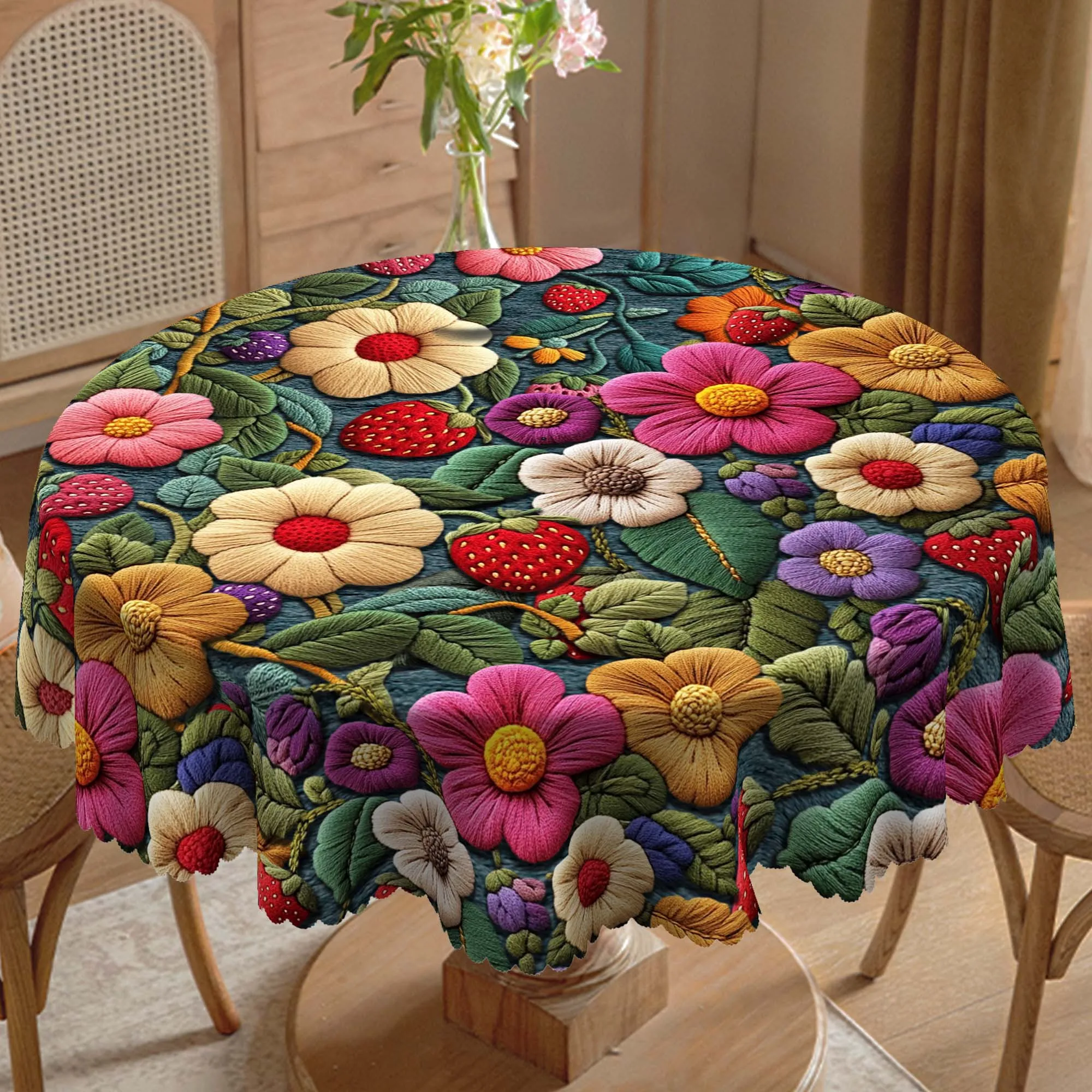 1 Piece of Spring Floral Print Tablecloth, Colorful Florals, Strawberry Pattern, Edge Embossing Process, Round and Rectangular Optional Suitable for Spring and Summer Indoor and Outdoor Table Decoration, Kitchen Decoration, Party Decoration, Banquet Decoration, Outdoor Picnic Decoration, Easter Decoration