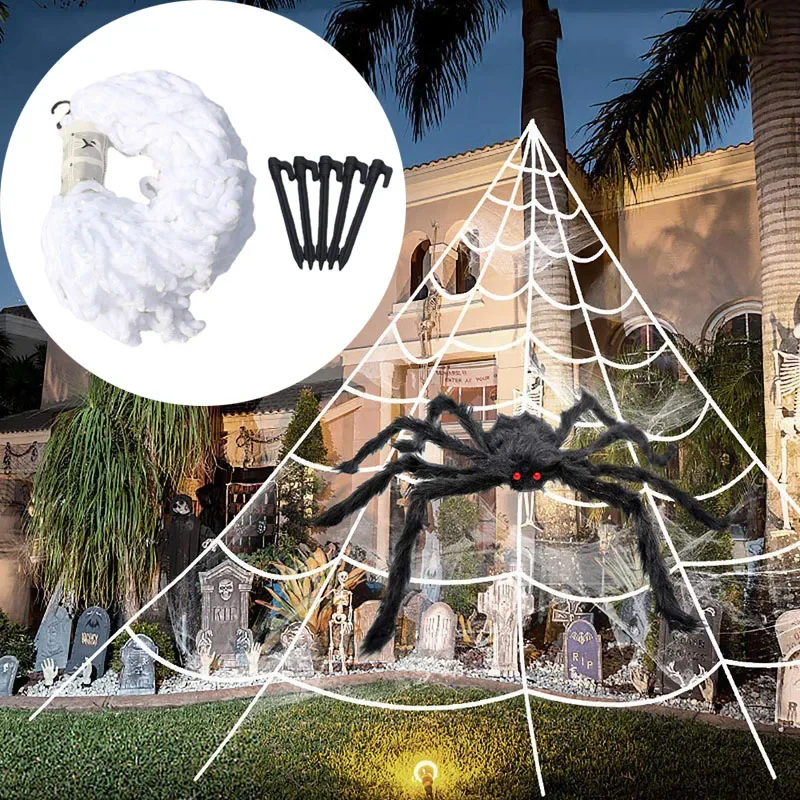 Halloween-Dreieck-Spinnennetz, 5 m/7 m riesiges Simulations-Spinnennetz, Halloween-Requisiten, Haus-Partyzubehör, gefälschte Webs, Gartendekoration