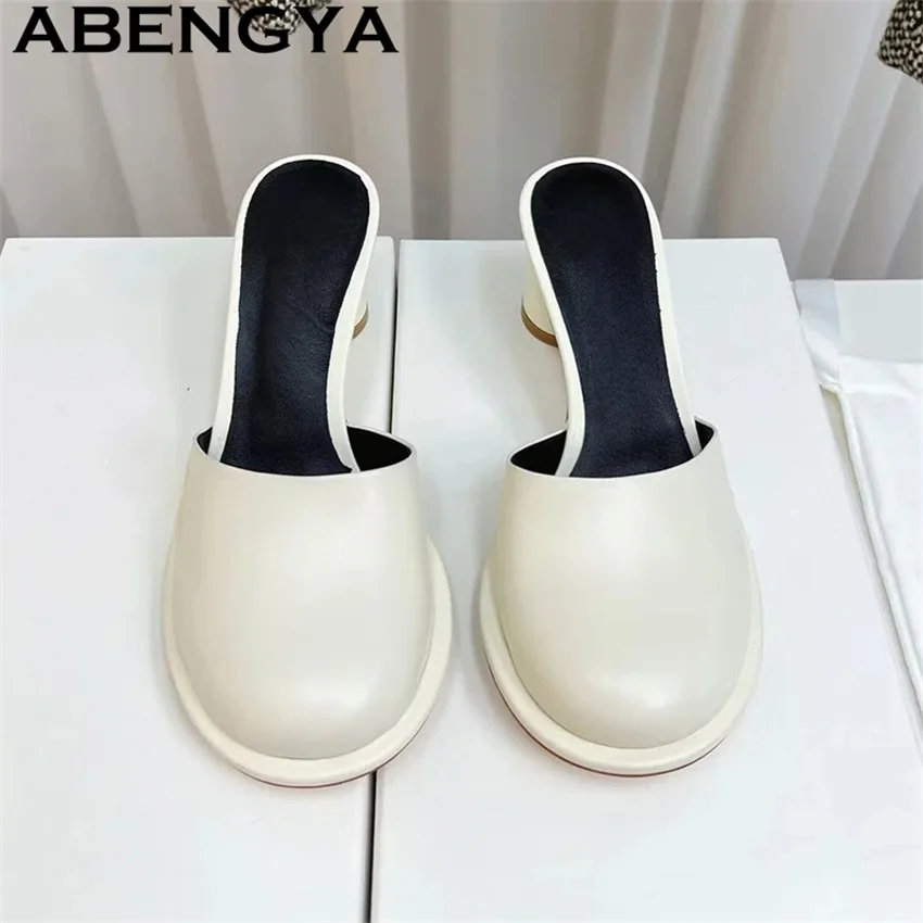 

Black White Real Leather Round Toe Chunky High Heels Slippers Women 2025 Mules Slippers Summer Casual Fashion Party Shoes Mujer