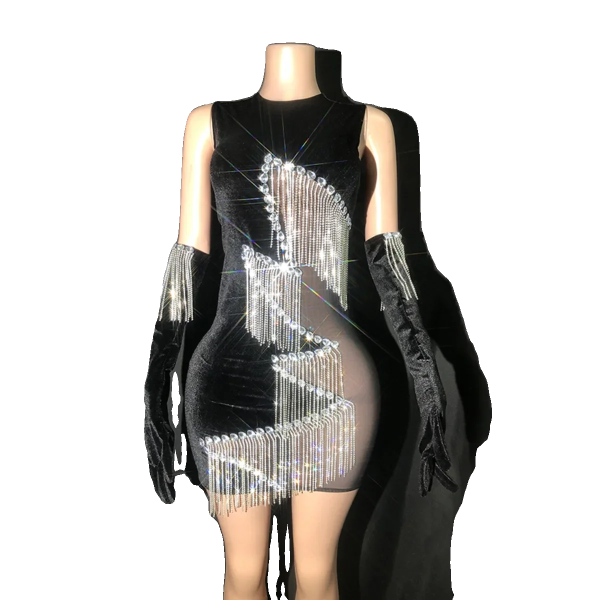 Velvet Mesh Patchwork Tassel Dress Women Birthday Celebrate Costume Party Prom Evening Dresses Stage Performance Wear XS7402