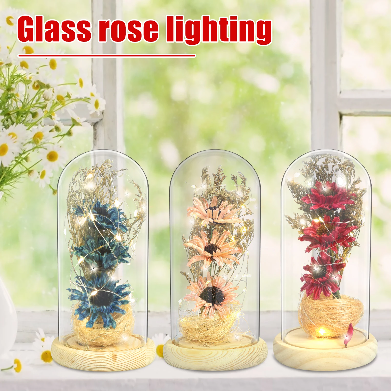 

LED Sunflower Lamp Battery Operated Sunflower Glass Light Creative Eternal Sunflower in Glass Dome Decorative Artificial