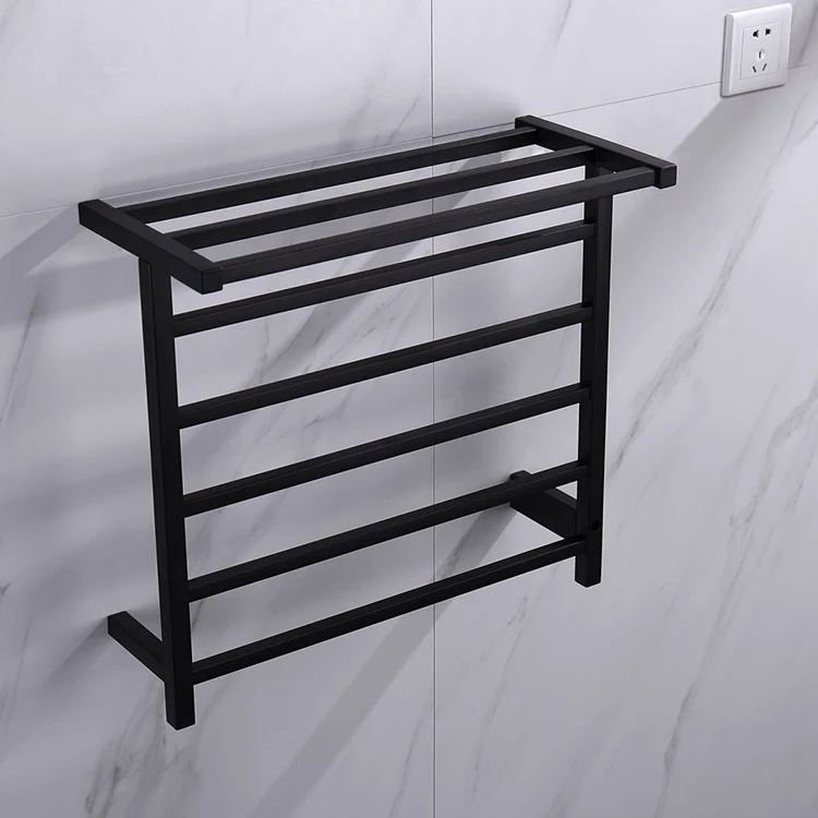 WANFAN 9007 Contemporary Heating Towel Rack With Storage Holder SUS304 Black Electric Towel Rack