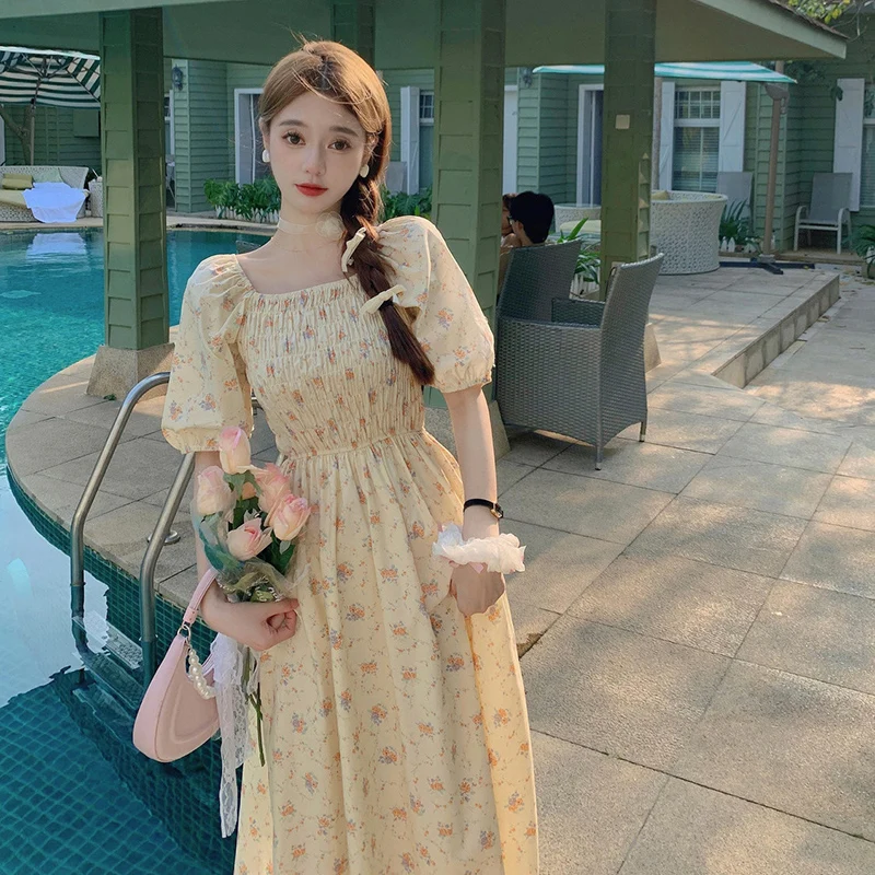 

Vintage Pleated Floral Women Mid Calf Dresses Flower Summer Fashion Harajuku Elegant Evening Party Dating Clothing Green Apricot