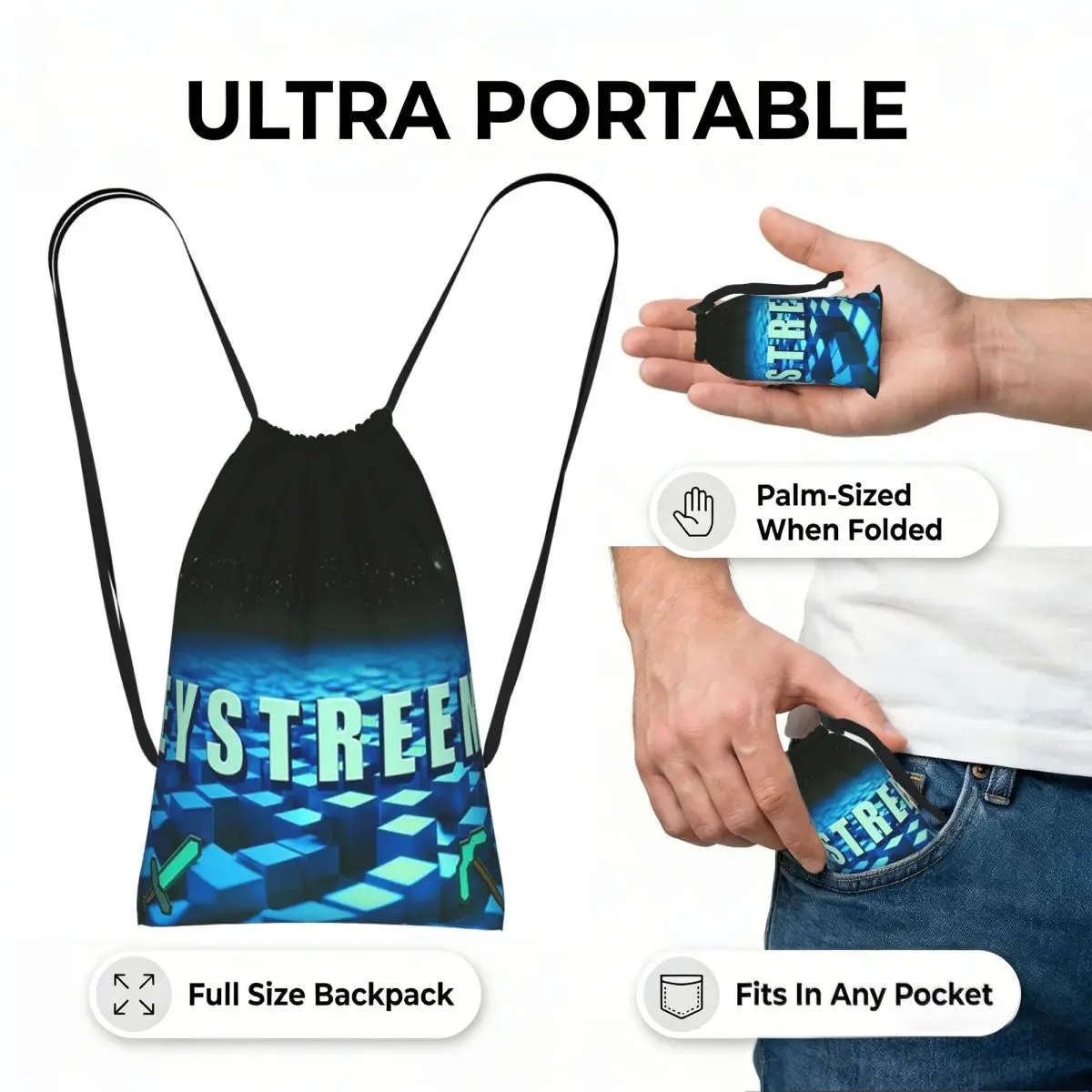 Funny EYstreem Drawstring Backpack hiking cycling Bag Lightweight Foldable Storage Drawstring Bag for Men Women