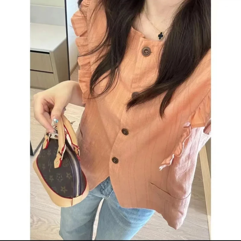 Pleated Patchwork Button Blouse Summer New Solid Color Loose Simplicity Fashion Shirt Tops Casual High Street Women Clothing