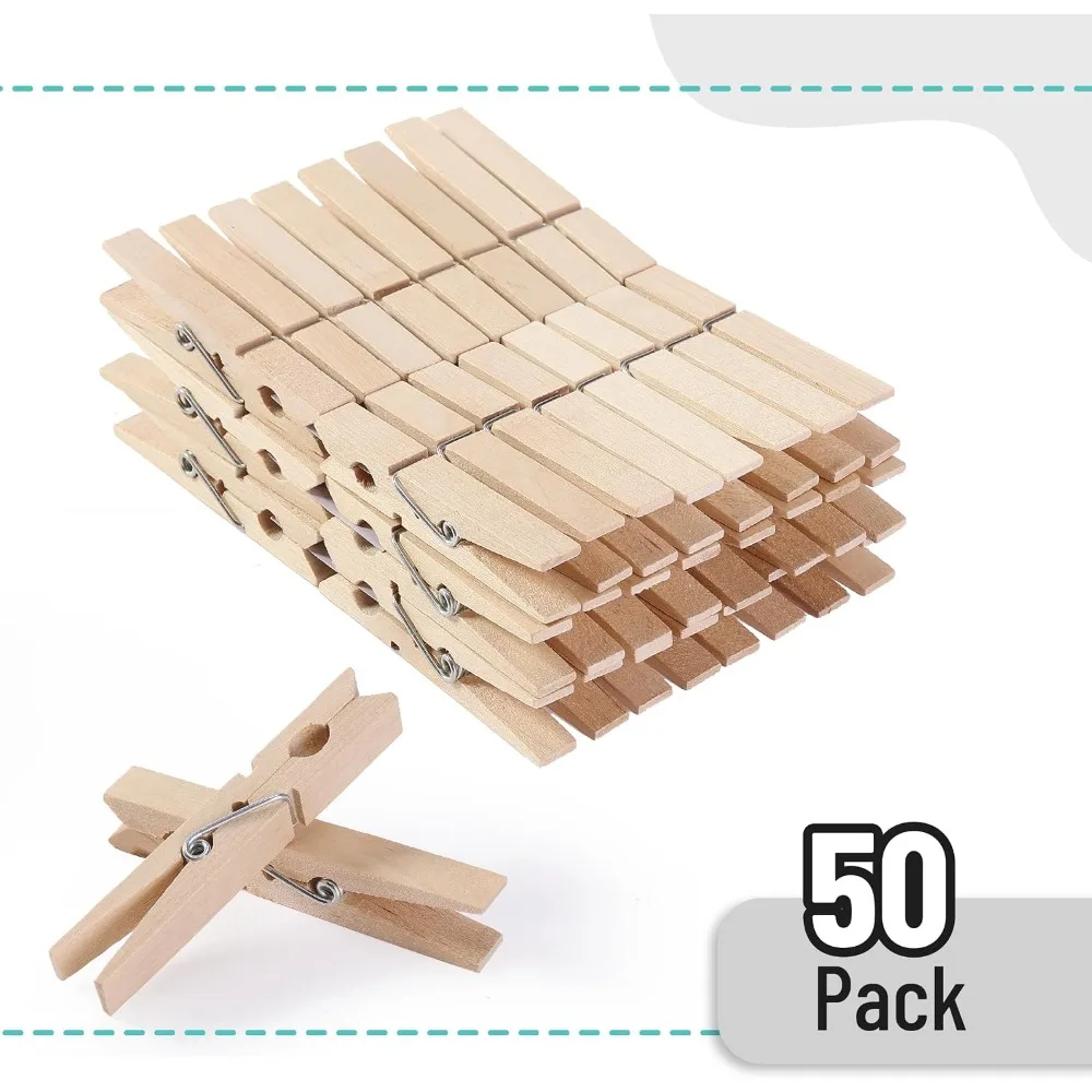 Natural Wood Clothespins 50-Pack, 2.9 Inch, Rust-Resistant Spring, for Crafts, Hanging Photos, Chip Bags