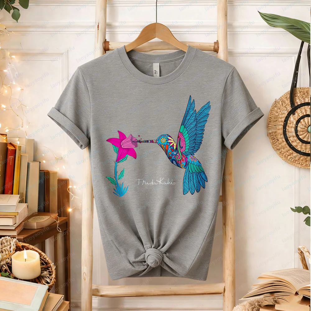 Frida Kahlo Hummingbird Floral T-Shirt Colorful Mexican Art Inspired Boho Cotton Tee Gift for Art Lovers gothic women clothes view 6