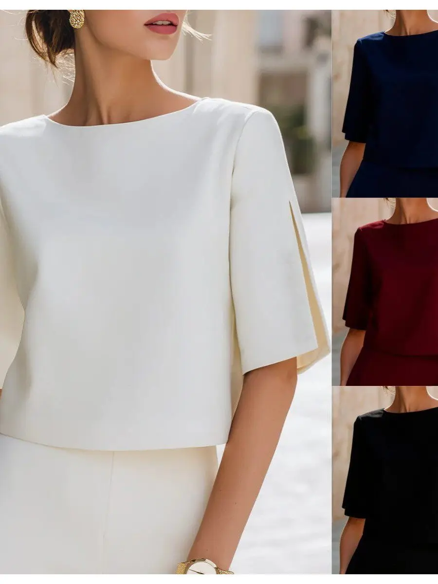 Fashionable round Neck Slit mid Sleeve Short Top Women's Minimalist Style Shirt Thin Material Easy to Deform Pure Color