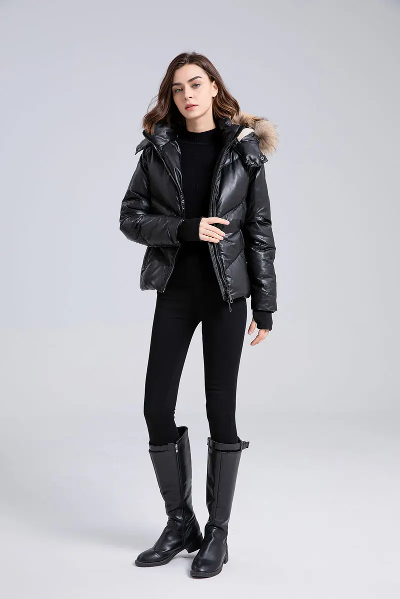 AS winter Adult woman Vegan leather coat filled down warm jacket with big nature fur