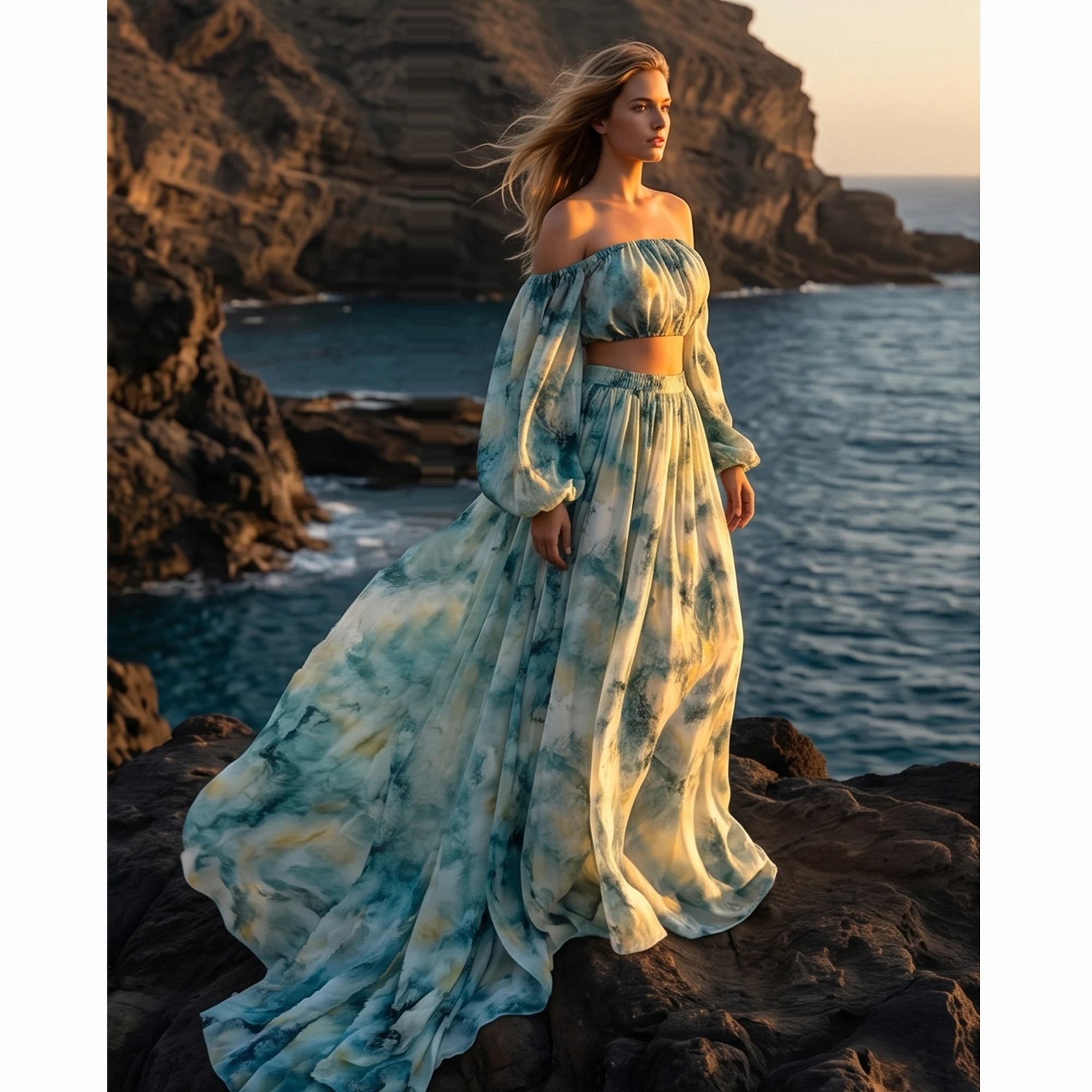 Don&Judy Off-the-Shoulder Two-Piece Gown with Puff Sleeves and Blue Tie-Dye Print Skirt Maternity and Non-maternity Photoshoot