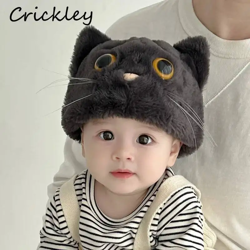 

Cartoon Cat 3D Faux Fur Children Hats Winter Warm Plush Baby Boys Girls Caps Fashion Tail Toddler Kids Hats
