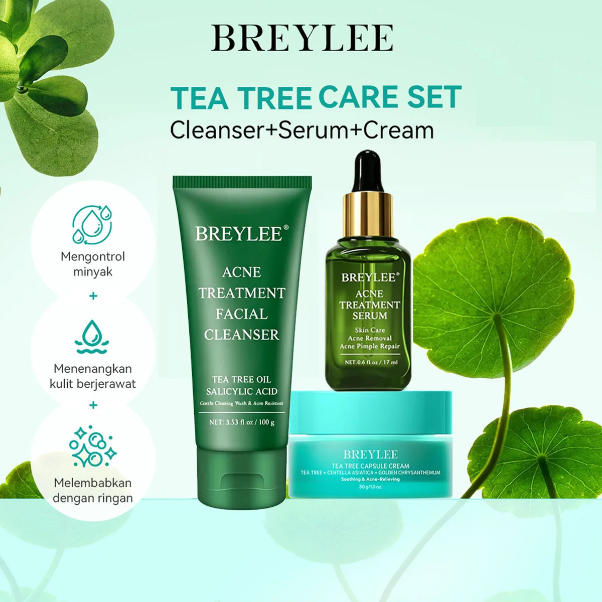 BREYLEE Teebaumöl 3-teiliges Set - Kontrolliert Öl, Enthält Salicylsäure, Erfrischendes und Angenehmes Gesichtspflegeset – Detail 1