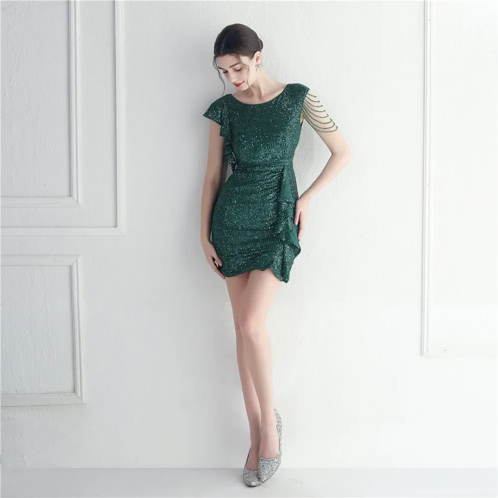 Sladuo Sexy Elegant Ruffles  Sequin Short Sleeve Women Bodycon Midi Dress Party Evening Dress