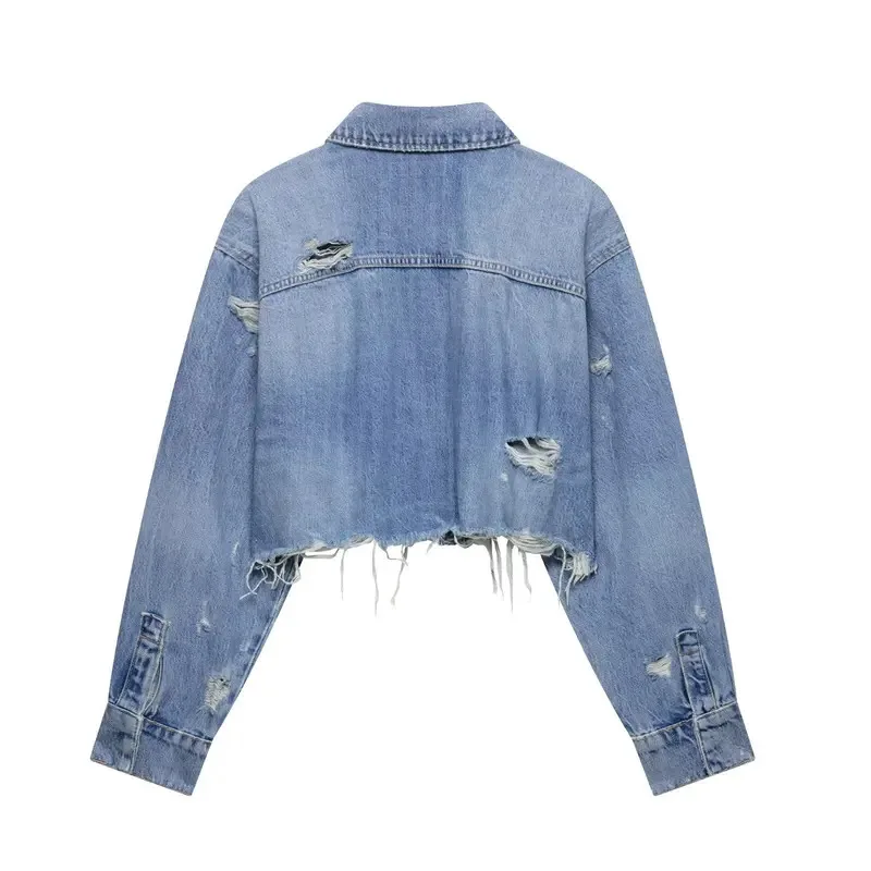 Women's Ripped Denim Short Jacket Single-Breasted Long-Sleeved Casual Retro Street Style Top
