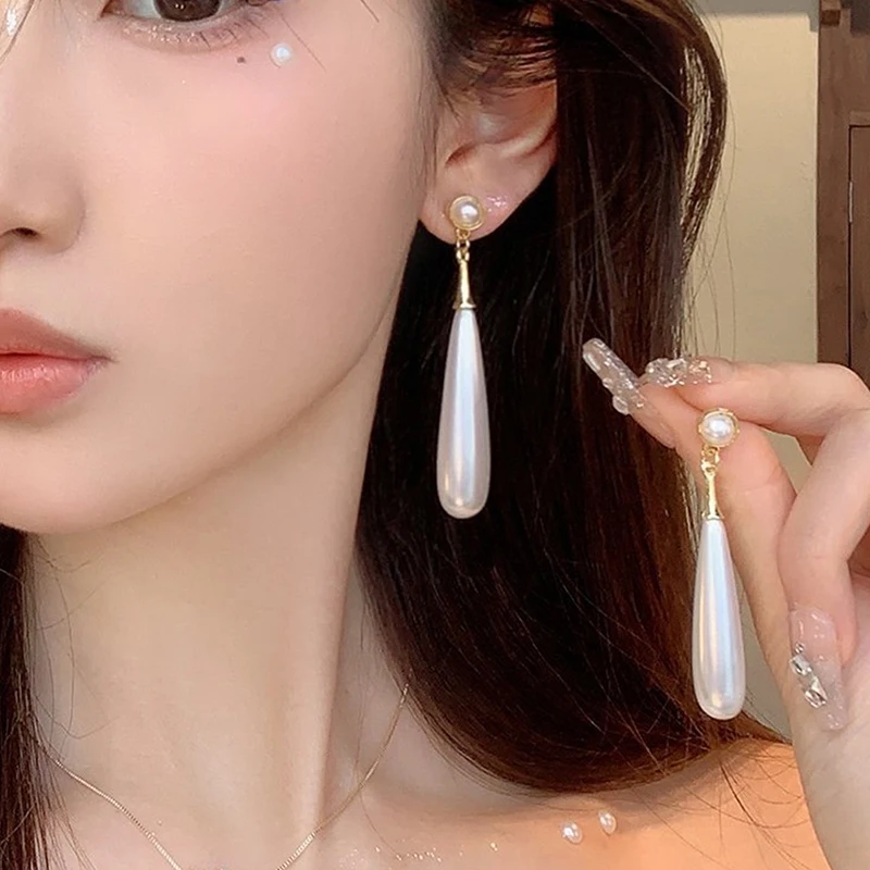 Women's Long White Pearl Earrings For Women French Elegant Temperament Design Elegant Water Shape Luxury Wedding Party Jewellry