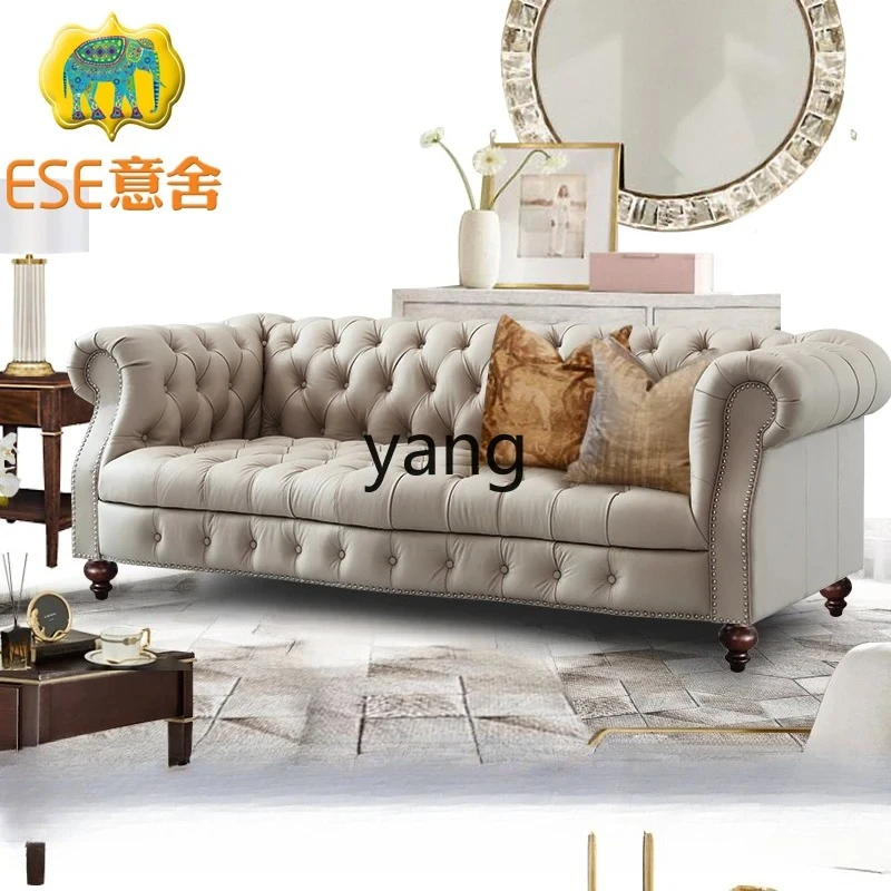 LMM  leather retro pull button first layer cowhide large apartment living room sofa