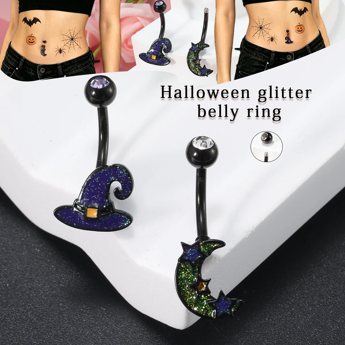 1pcs Stainless Steel copper Halloween Glitter Belly Ring Witch Hat  Navel Piercing Jewelry For Women Party Body Piercing