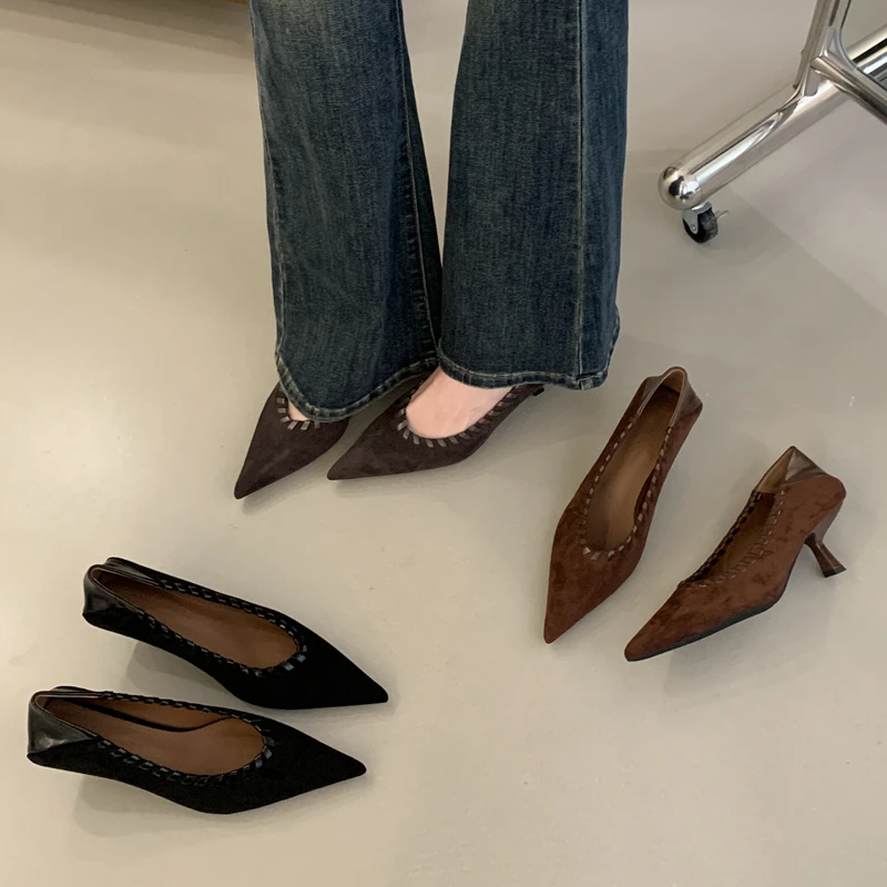 

SUOJIALUN 2025 New Brand Women Pumps Shoes Fashion Pointed Toe Shallow Slip On Boat Shoes Ladies Thin High Heel Dress Single Sho