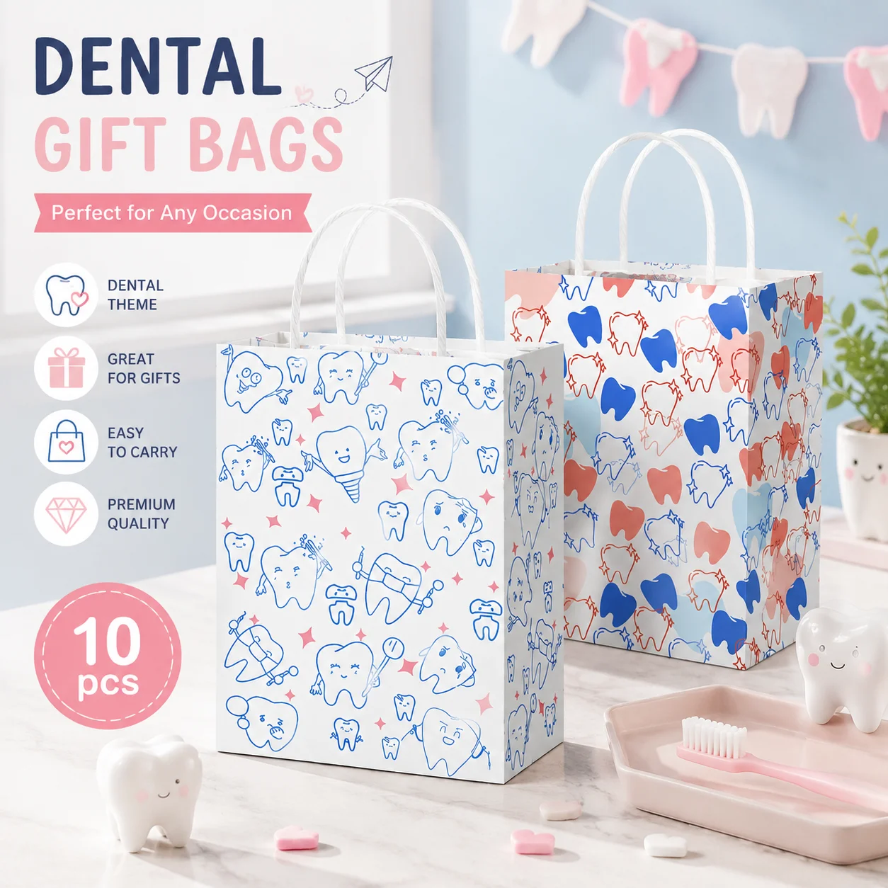 Dental Theme Paper Shopping Handbags Adorable Teeth Pattern Kraft Gift Bag for Dentist Clinic Giveaway Kids Oral Care Packing