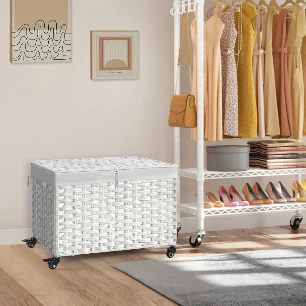 

47.6 Gallon (180L) Storage Bin with Wheels, Woven Rattan Blanket with Handles, Foldable, Laundry Baskets