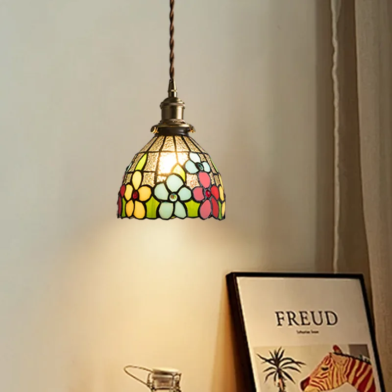 الثريات الزجاجية الملونة على شكل زهرة لديكور المنزل وغرفة الفتاة - لمبة LED على شكل تيفاني أمريكية عتيقة E27