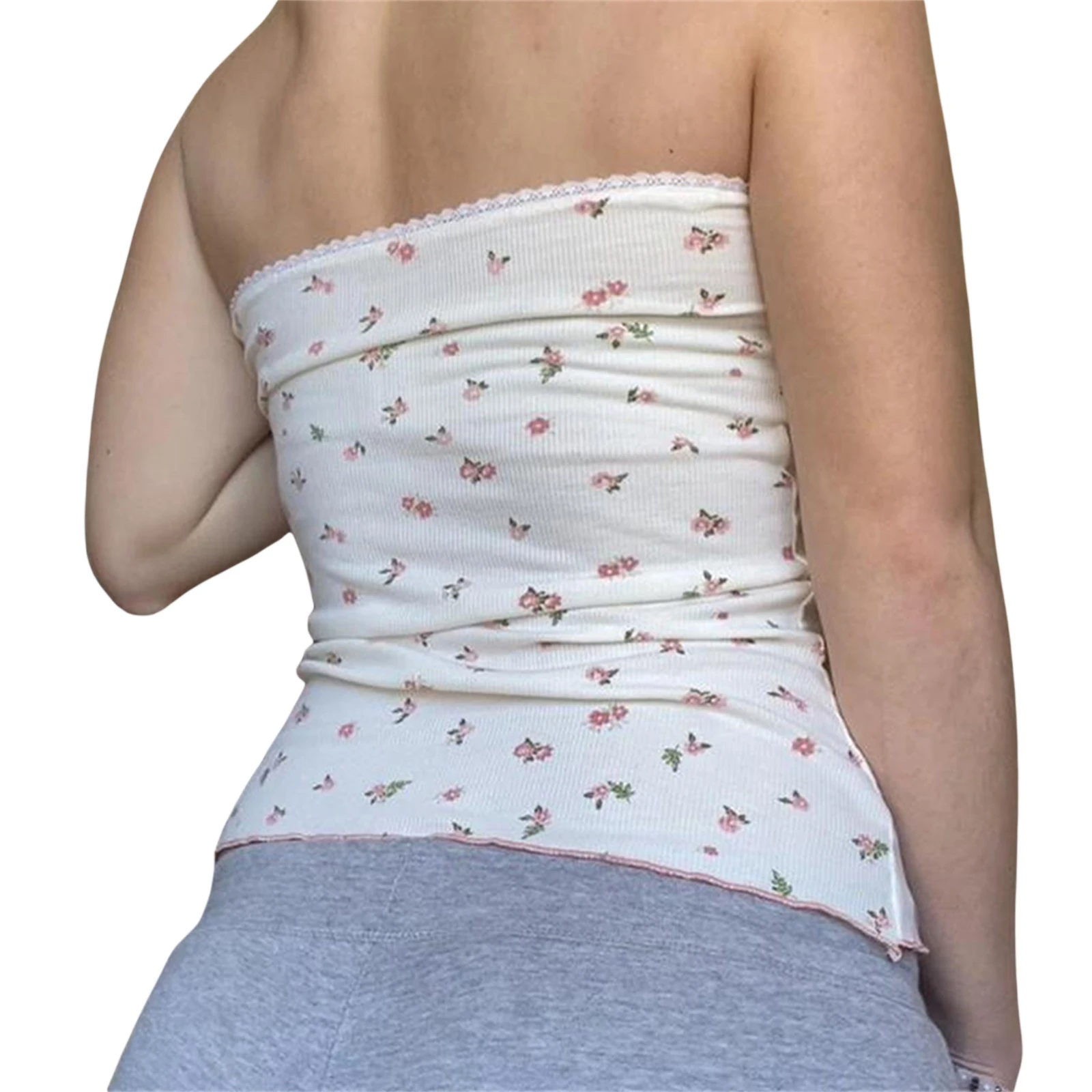 Dames Bloementube Tops Kanten Strapless Nauwsluitende Crop Tops Zomer Casual Y 2K Bandeau Tanktop