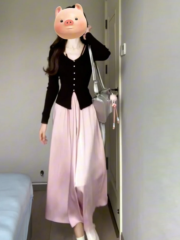 2026年初秋新作 韓国風高級ニットセーターとピンクスカートのセット ブラロングスリーブVネックAラインドレス