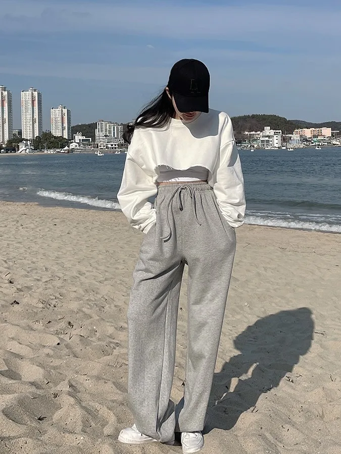 패셔너블한 한국 스타일 루즈핏 캐주얼 팬츠 여성용 가을 겨울 신상 와이드 레그 스웨트팬츠