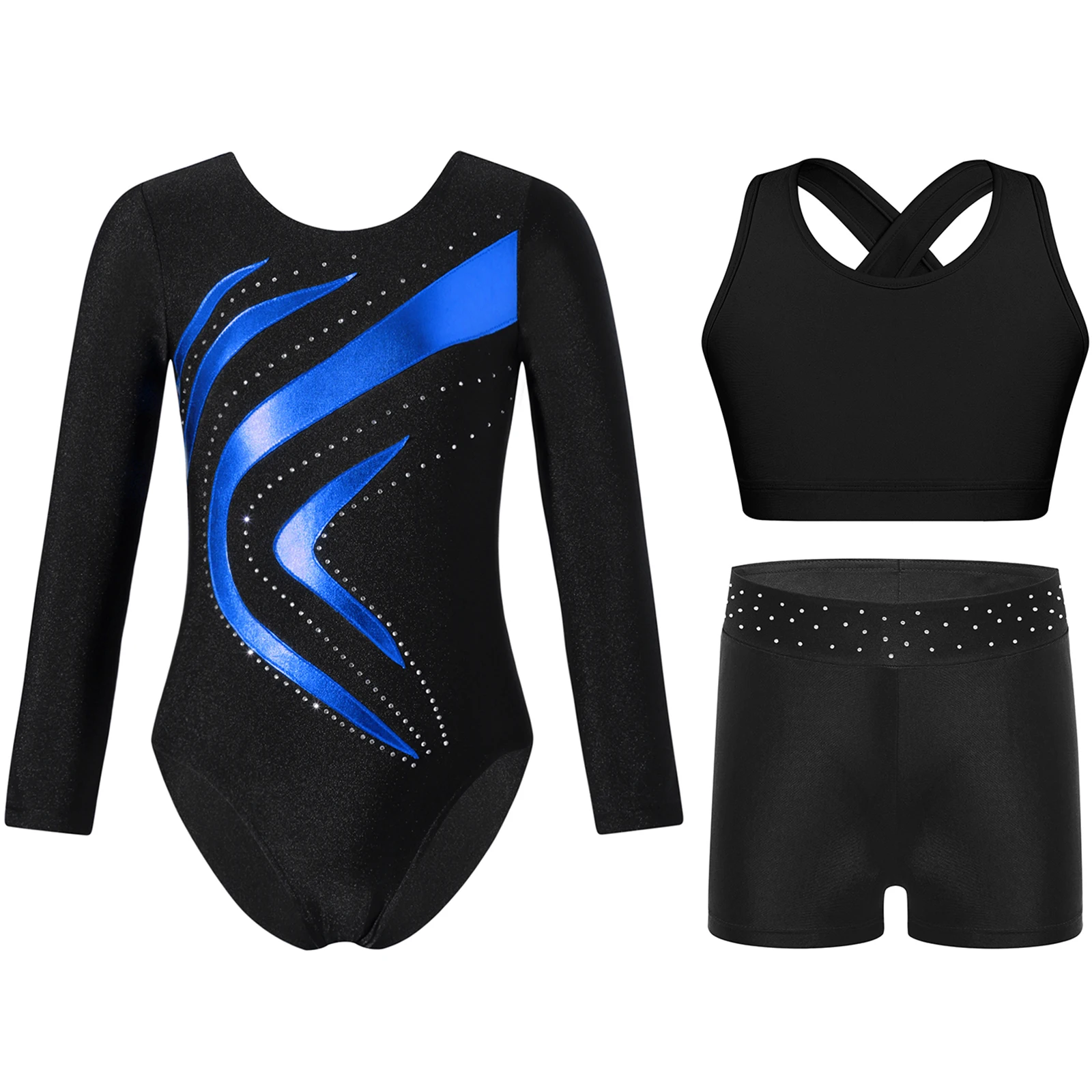 Kids Ballet Outfits Girls Gymnastics Bodysuits Skating Stage Dance Costume Long Sleeve Metallic Patchwork Leotard with Shorts