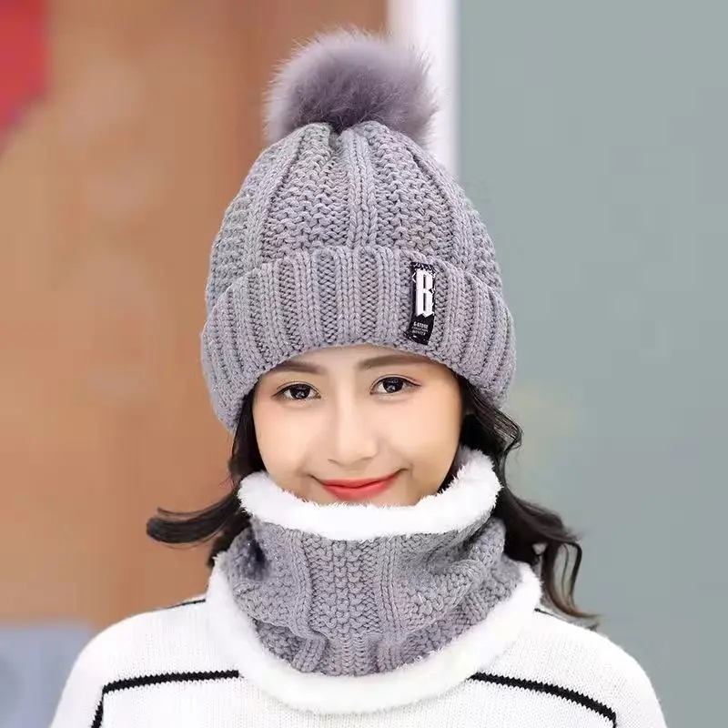 Winter Knitted Scarf Hat Set  for Women Outdoor Cycling Riding Ski Bonnet Caps Tube Scarf Rings Thick Warm Skullies Beanies Hats