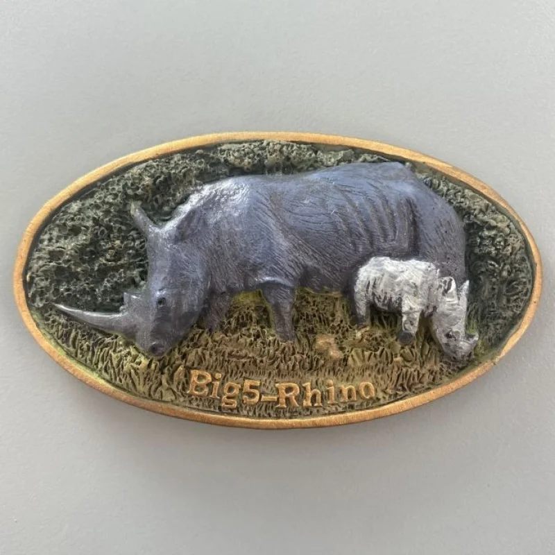 One of South Africa's five beasts, rhinoceros, is a cultural tourism souvenir, a magnetic fridge sticker, a collect
