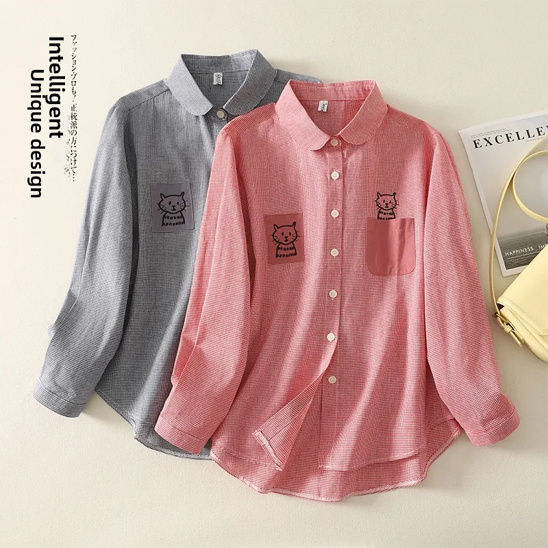 

Свободный крой из чистого хлопка и льна в клетку, женский повседневный длинный трикотаж на пуговицах, тонкая вышивка, весна-осень