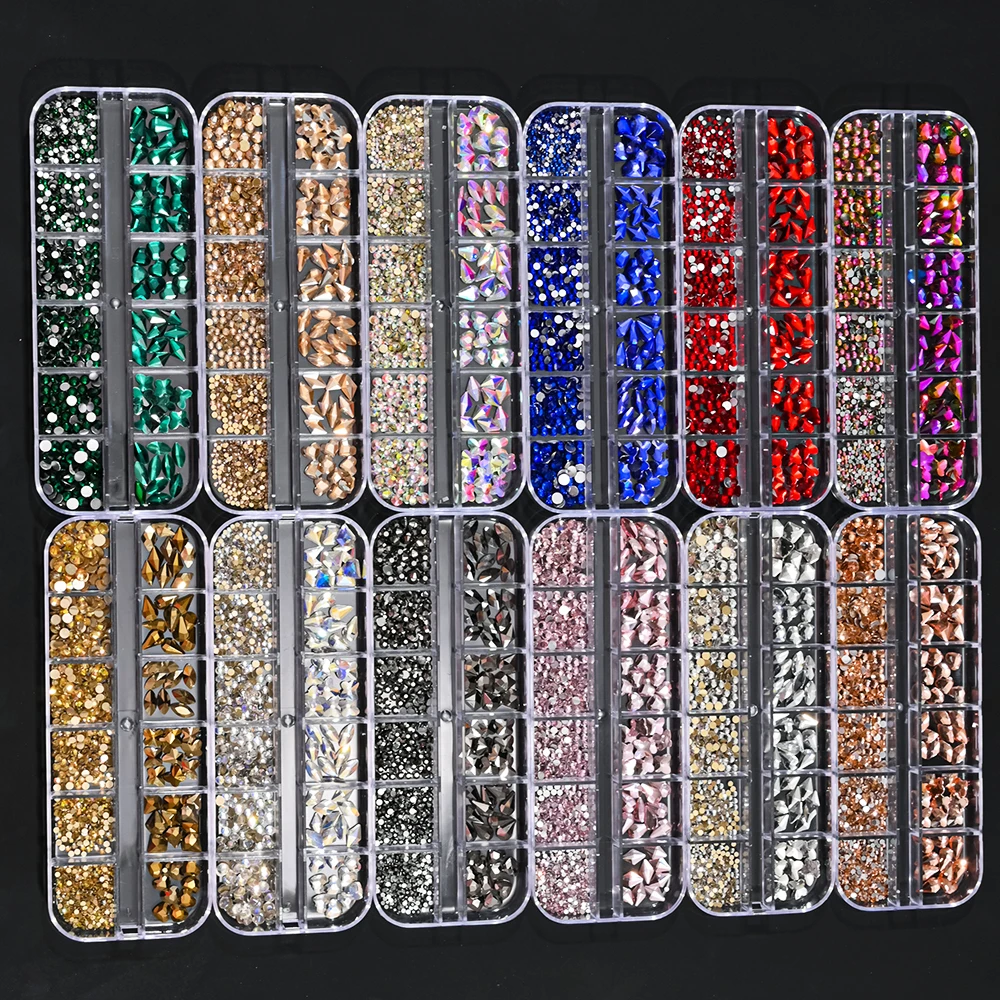 12Grids 3D Gold Red Pink Crytal Nail Art Rhinestone Blue/Green Flatback Glass Stone Diamond Nail Charms DIY Manicure Decoration
