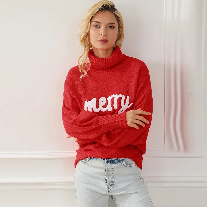 

Women Sweaters Long Sleeve Turtleneck Print Letter Jumpers High Street Loose Knitting Pullovers Slight Strech Embroidery