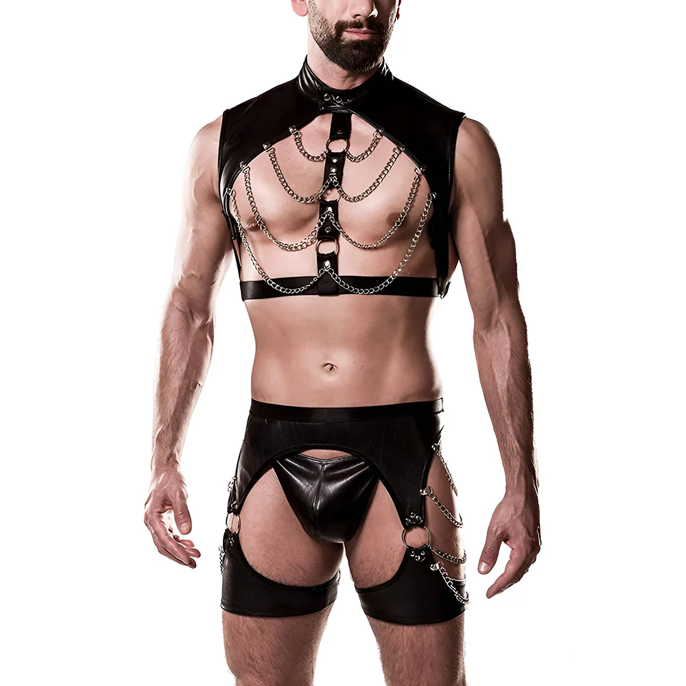 

1132 Men's Halloween Leather Costume Chains Bondage Straps Nightclub Stage Performance Party Wear PU Latex Bodysuit Adult Role