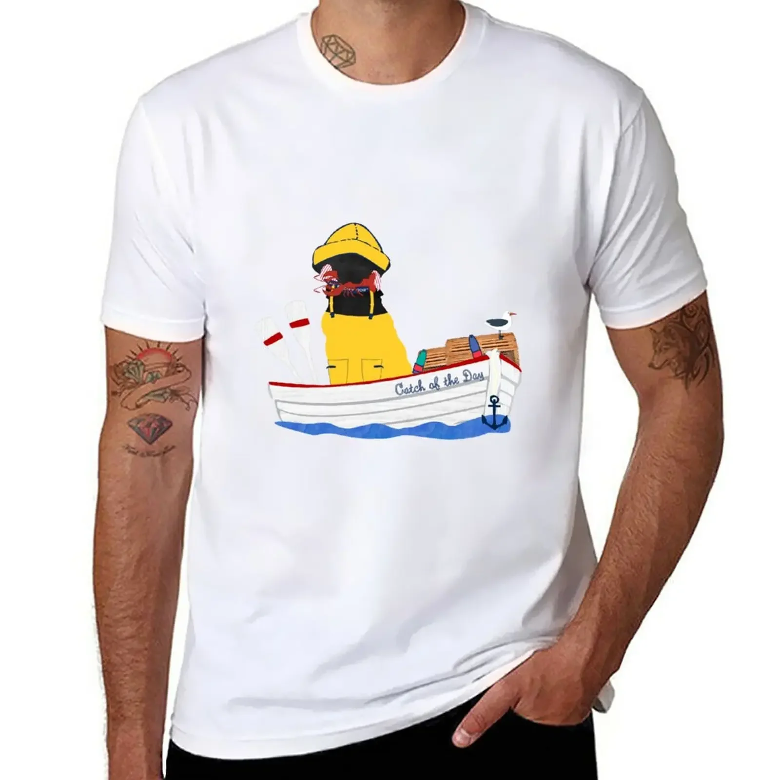 

New Preppy Black Lab Lobsterman Aboard The Catch of the Day T-Shirt funny t shirt hippie clothes t shirts for men graphic